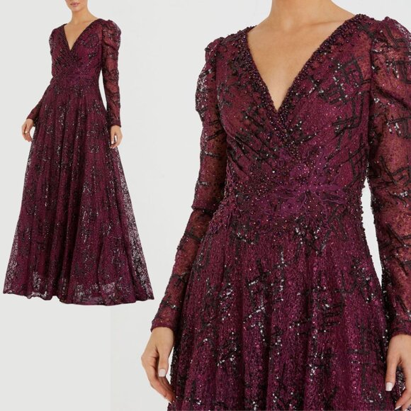 Mac Duggal 20353 Size 14 Red Embellished V-Neck Long Sleeve A-Line Gown Dress - Picture 1 of 4